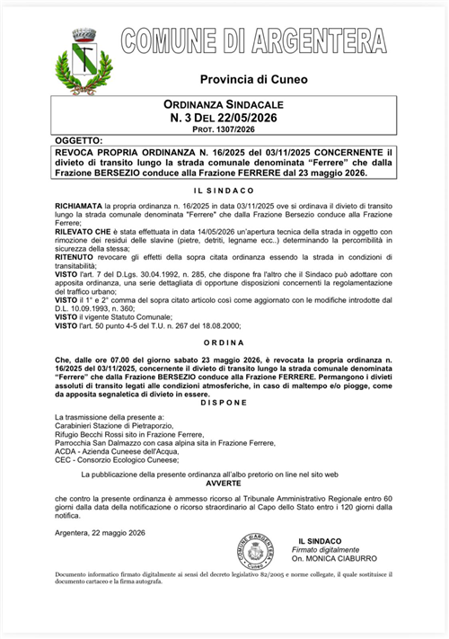 Strada di collegamento frazione FERRERE apertura dal 23/05/2026
