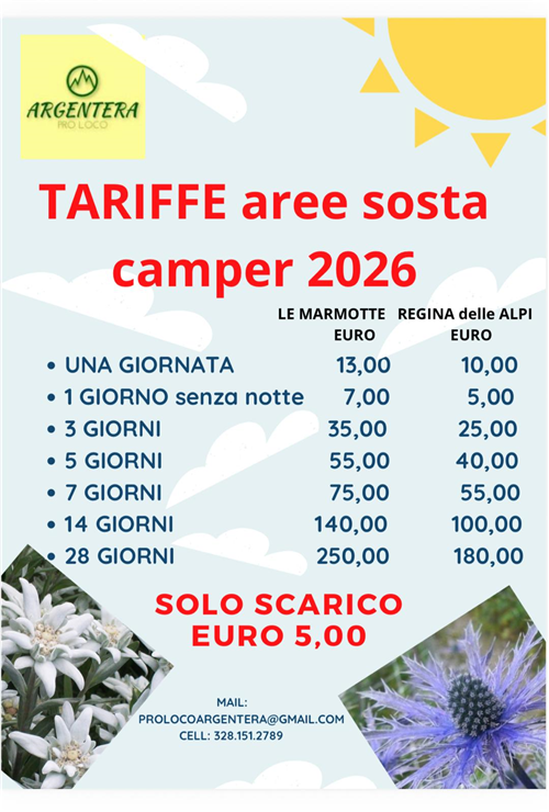 Aree sosta camper "LE MARMOTTE" e "REGINA DELLE ALPI" presso Piazzale Corpo degli Alpini apertura dall'8 giugno 2026