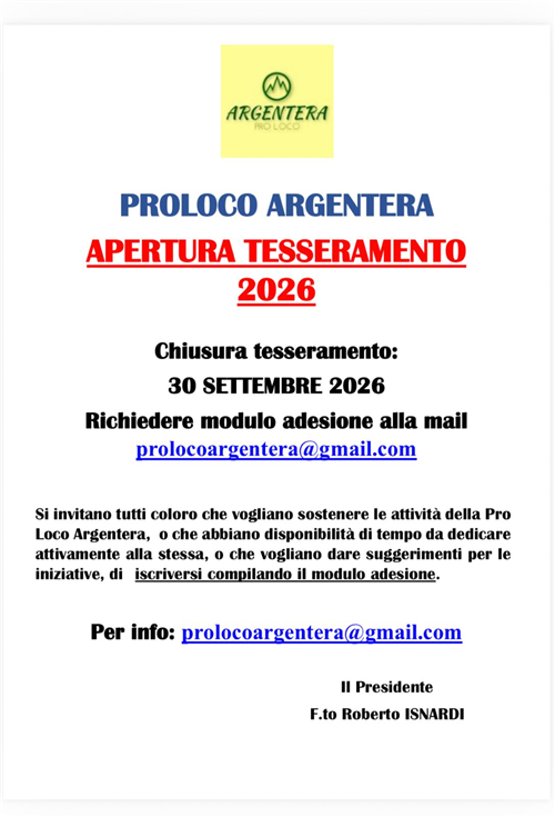 PRO LOCO ARGENTERA: apertura tesseramento 2026