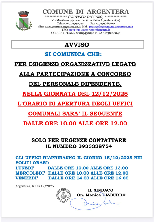 Variazione orari uffici comunali nella giornata del 12/12/2025